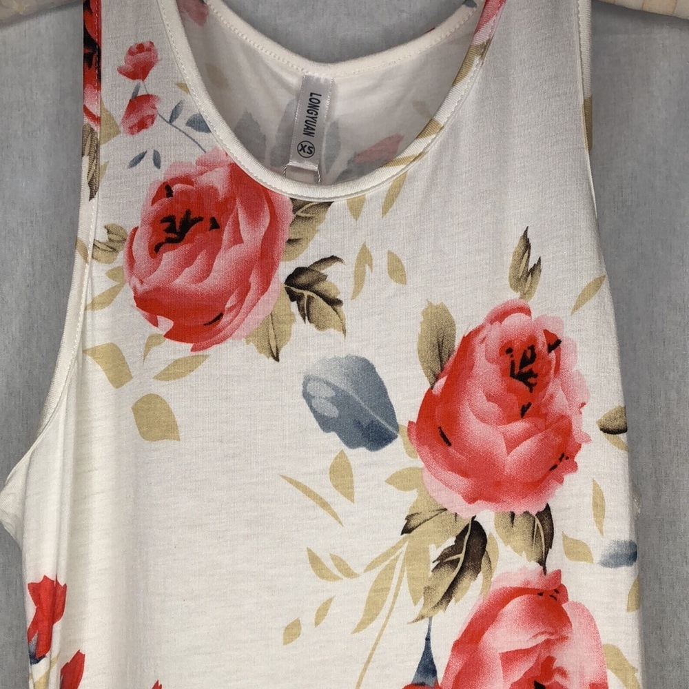 Soft Flowy Stretchy Cream Pink Floral Sleeveless Tank Dress Pockets Women XS NWT - Picture 5 of 14